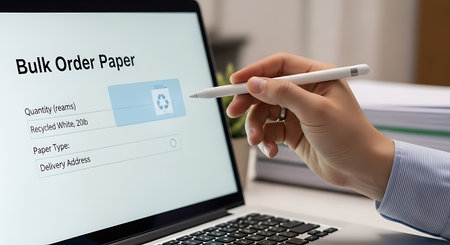 Hand holding a pen and filling in a bank check form on a laptop screen