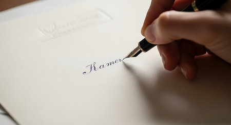 Closeup of a woman's hand writing on a blank paper with a fountain pen