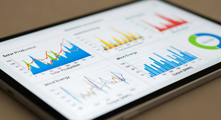 Tablet pc with financial charts on screen close-up. Stock market conceptの写真素材