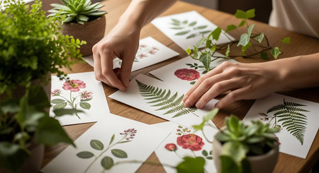 Close up of female hands making floral greeting cards at wooden table.