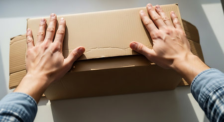Close-up view of female hands holding cardboard box. Delivery service conceptの写真素材