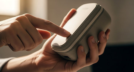 Close-up of female hands using contactless payment terminal at home