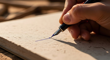 Close-up of a man's hand drawing a line with a fountain penの写真素材