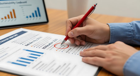 a person reviews a carbon report with a red pen, with a tablet showing a sustainability dashboard...
