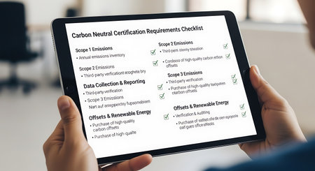 a person holds a tablet showing a carbon neutral certification checklist with scope emissions listed