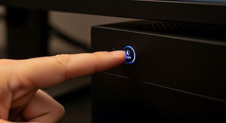 a finger presses a glowing sleep button on a black computer tower, indicating power saving mode.