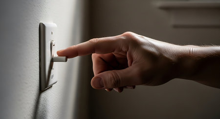 Close-up of a woman's hand turning on a light switch