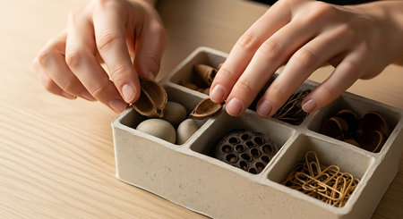 Close up of woman's hands making decorative items in wooden box.