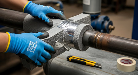 Worker hands in blue gloves working on metal pipe, closeup