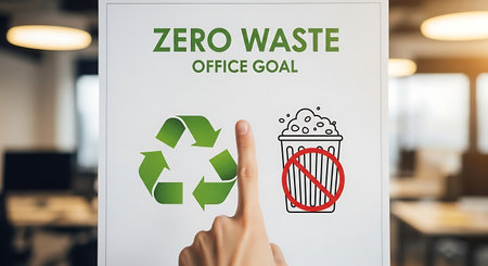 cropped image of businessman holding poster with zero waste concept in officeの写真素材
