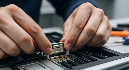 cropped view of technician repairing laptop with screwdriver, isolated on white