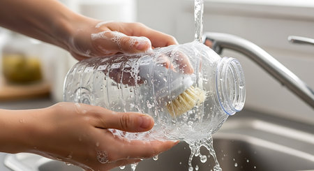 Woman washing a bottle of water in the kitchen, close-upの写真素材