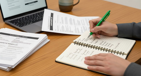 Close up of woman's hand writing in notepad at table with laptop