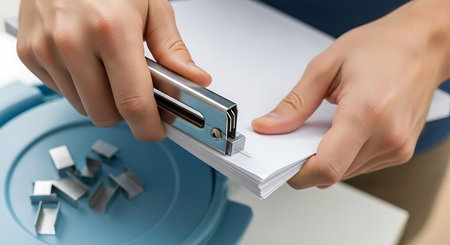 Close-up image of businesswoman cutting paper with stapler