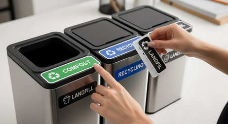 cropped view of woman inserting card into recycle bin at workplace