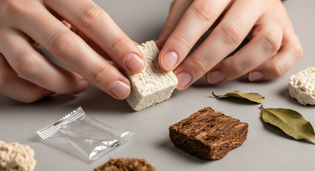 cropped view of woman making natural soap on grey background, closeup