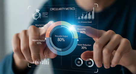 Businessman on blurred background using digital pie chart interface 3D rendering