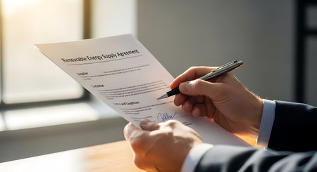Close-up of a businessman's hand holding a pen and signing a contract