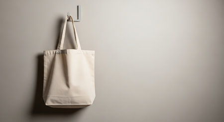 Beige cotton bag hanging on the wall. Clipping path included.