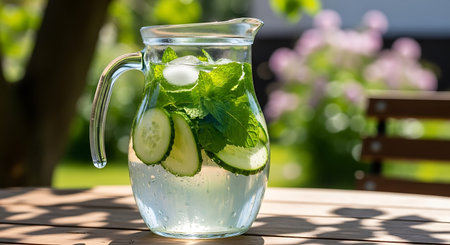 Detox water with cucumber, mint and ice in a glass jugの写真素材