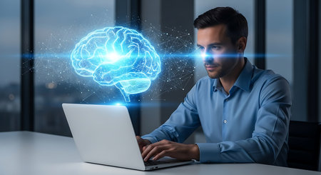Businessman working on laptop with brain hologram over office interior background. Double exposure