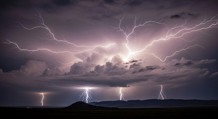 Dramatic stormy sky with lightning and mountains in the background