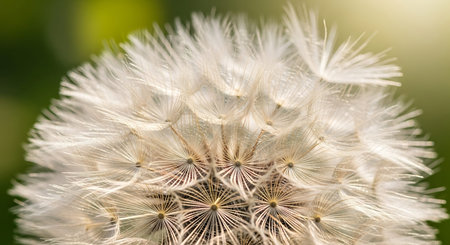 Close up of dandelion seed head on blurred green background.