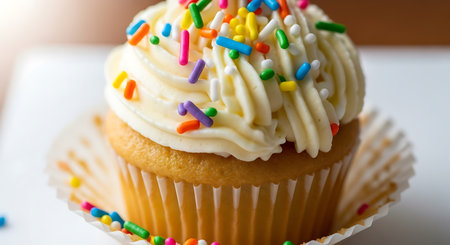 Cupcake with colorful sprinkles on top, close-up