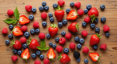 Strawberries and blueberries on wooden background. Top view.