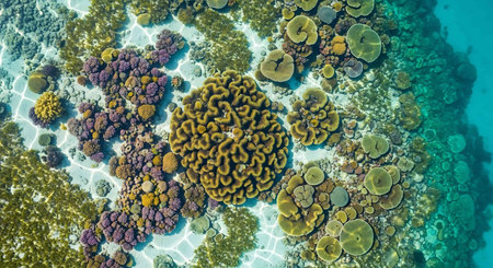 Aerial view of coral reef with hard corals. Tropical seascape