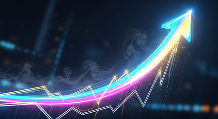 Digital composite of Arrow graph with bokeh lights and blue background