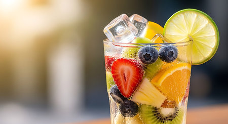 Fruit lemonade with kiwi, blueberry, orange, lime and ice in a glass.