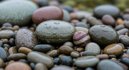 Wet pebbles on the beach, closeup of photo
