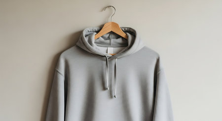 grey sweatshirt with wooden hanger hanging on wall, close up