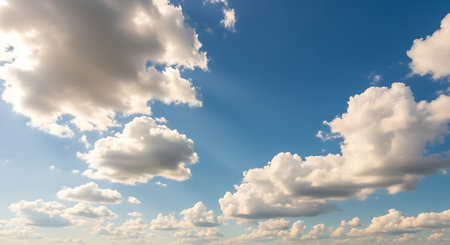 Blue sky background with tiny clouds. Cumulus white clouds. 3D illustration