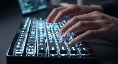 Close up of female hands typing on keyboard with binary code on it