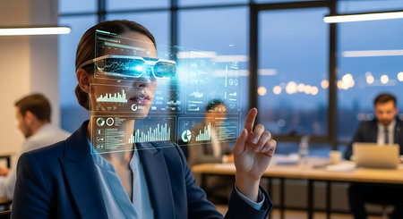 business, people and technology concept - close up of businesswoman with virtual reality glasses...