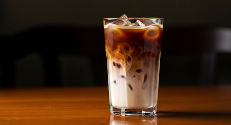 Iced coffee in a glass on a wooden table with black background
