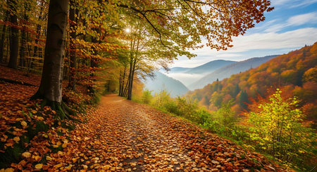 Autumn landscape. Path in the autumn forest. Carpathians, Ukraine, Europe.