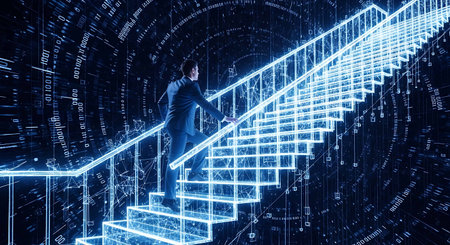 Businessman standing on a staircase with binary code and binary code in the background