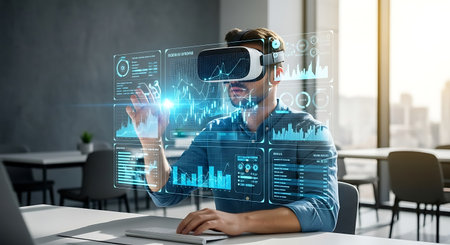 Businessman wearing virtual reality goggles in modern office with glowing graphs and charts. 3D...