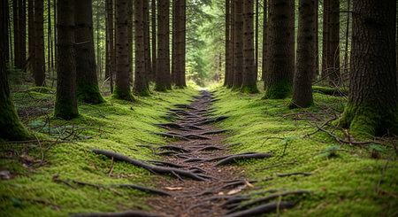 Path in a dark forest with moss and tree trunks on the ground