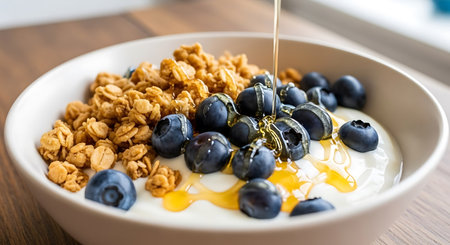 Granola with blueberries and honey in a bowl on the table