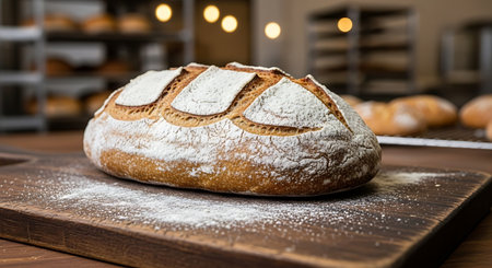 Freshly baked bread on a wooden cutting board in a bakery.