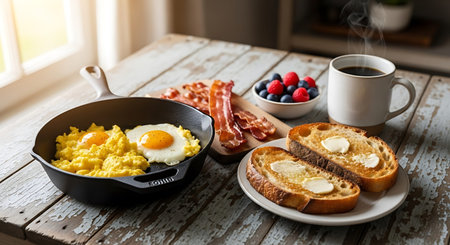 Breakfast with scrambled eggs, toast and coffee on wooden table