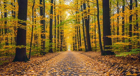 Path in autumn forest with yellow leaves and sun rays through the trees