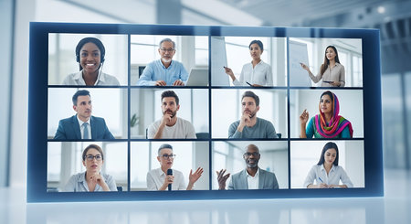 Video conference. Group of diverse business people communicating via video call.