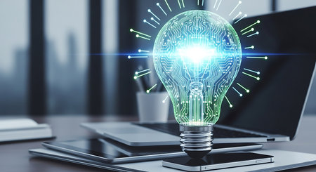 Laptop with glowing light bulb on blurry background. Idea concept. 3D Rendering