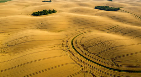 Aerial view of the plowed agricultural field. Rural landscape.