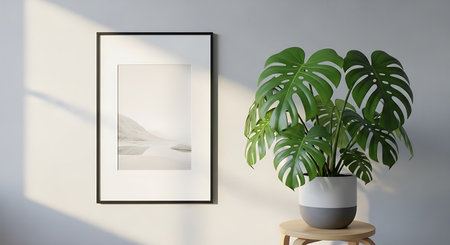 Modern interior design with monstera plant in pot, mock up poster, 3D render